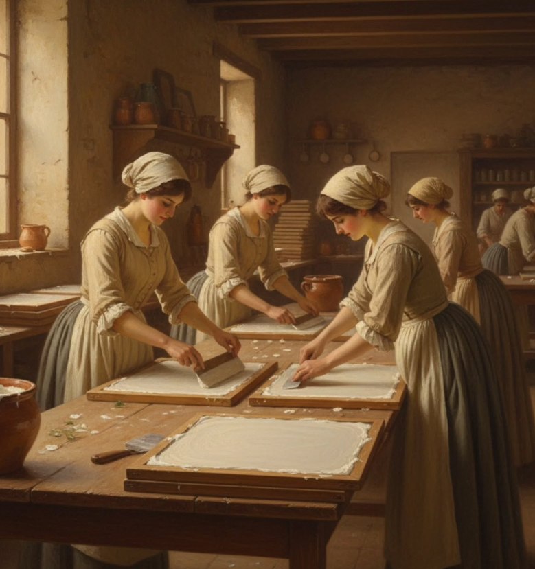 Pintura de mulheres preparando bandejas de enfleurage em um atelier de perfumaria