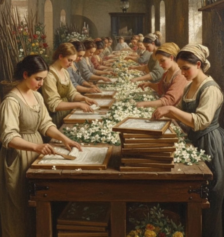 Pintura de uma mesa longa de atelier com flores brancas sendo selecionadas