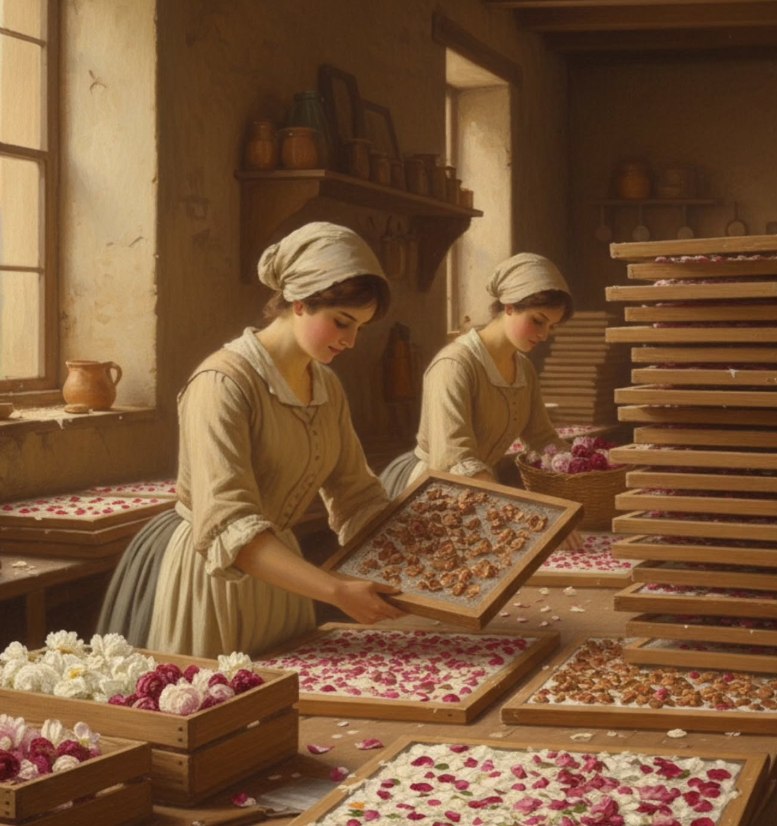 Pintura de pétalas de rosa distribuídas em bandejas de madeira para secagem